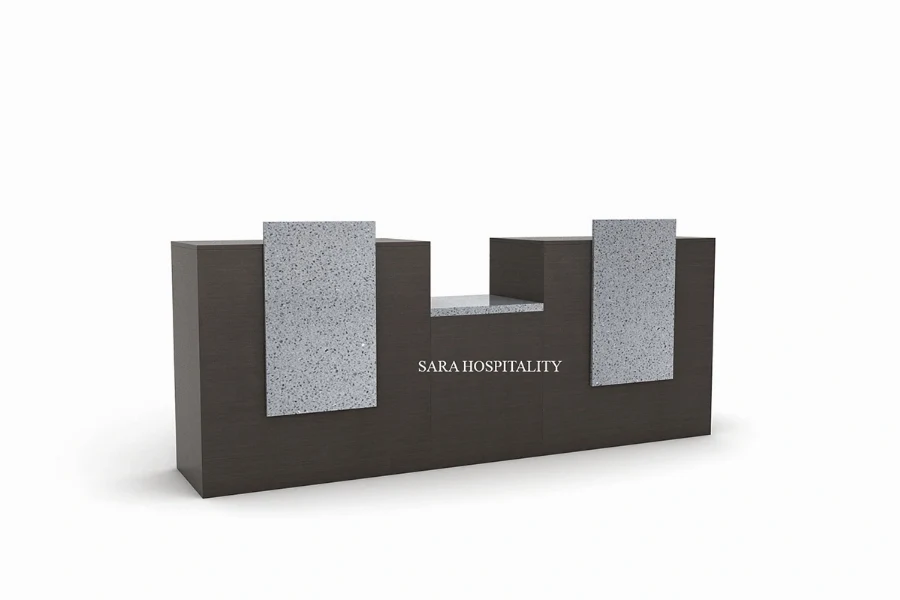 Modern dual-panel reception desk featuring high-density commercial construction with twin layered front panels to create dynamic architectural depth