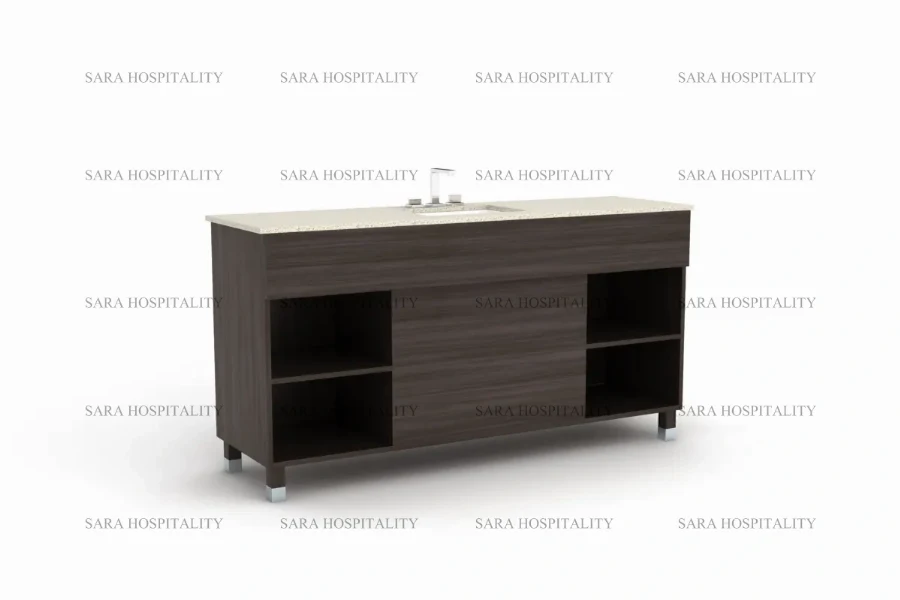 Sleek minimal storage vanity base for contemporary hotel guest bathrooms