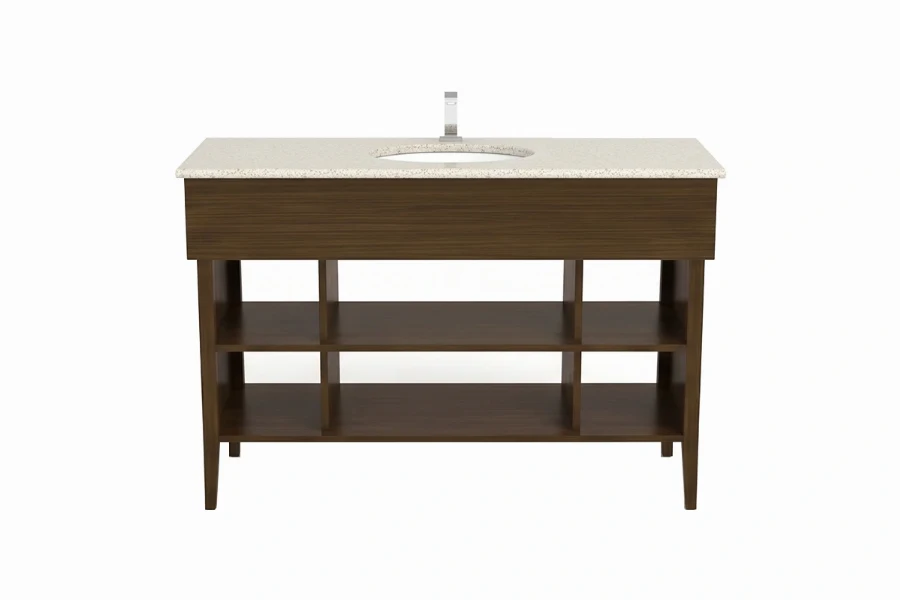Sleek multi-tier bathroom vanity showcasing dual parallel open shelves and a refined, minimalist silhouette for a spacious, hotel-inspired look.
