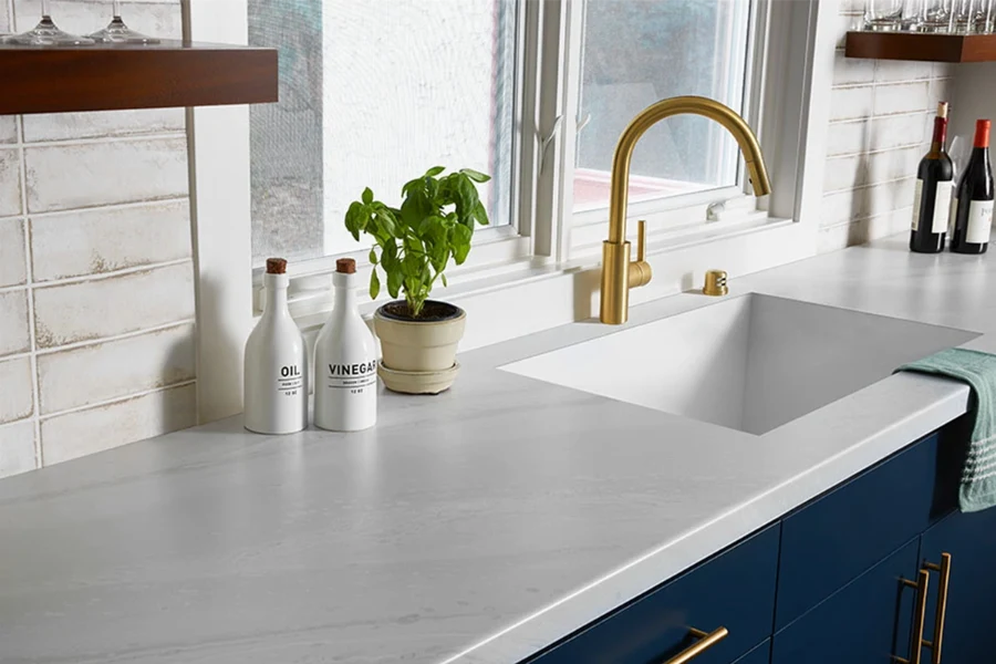 Modern integrated sink countertop featuring a seamless material transition from the solid surface directly into the built-in basin
