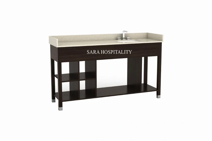 Modern open frame vanity featuring an integrated solid-surface basin and a structural, hollowed base design
