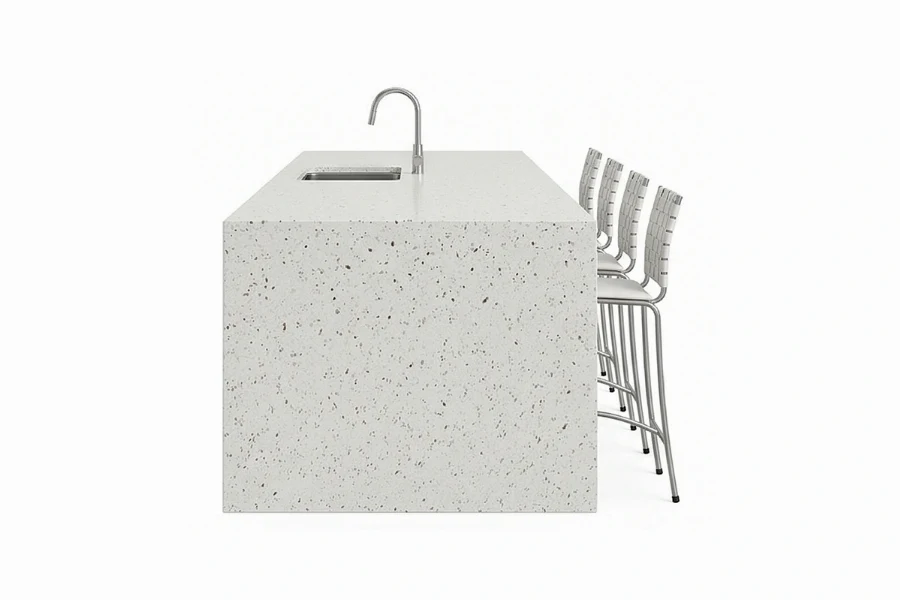 Contemporary stepped island countertop with a raised breakfast bar and a sturdy, monolithic profile for a dynamic kitchen layout