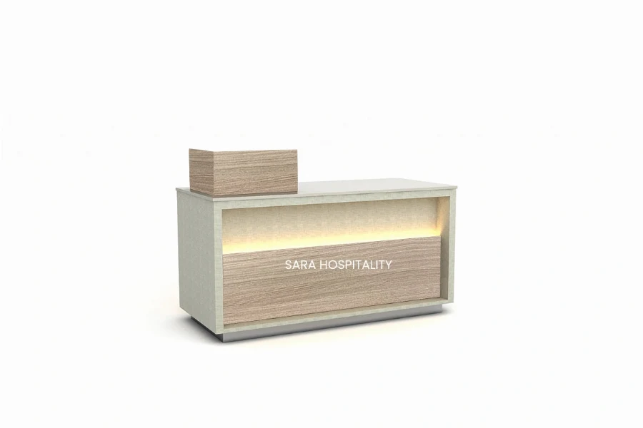 Contemporary streamlined front desk with a sturdy monolithic base, offering an efficient single-operator workspace without sacrificing guest privacy