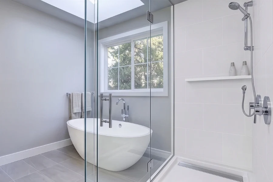 Sleek architectural tub surround showcasing a waterproof, grout-free accent wall tailored for exposed bath and shower setups