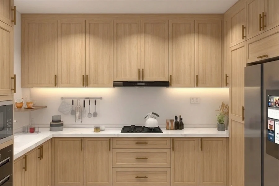 Sleek wall-mounted cabinetry showcasing a seamless, flush-front facade and a refined, high-quality finish for an airy kitchen feel