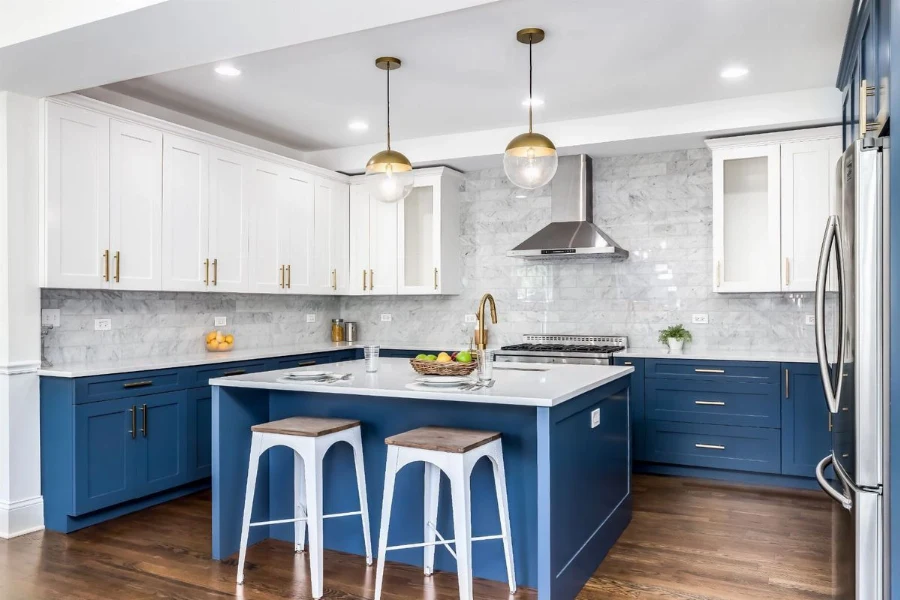 Modern kitchen island cabinet featuring a multifunctional central counter and a seamless, minimalist base with integrated storage