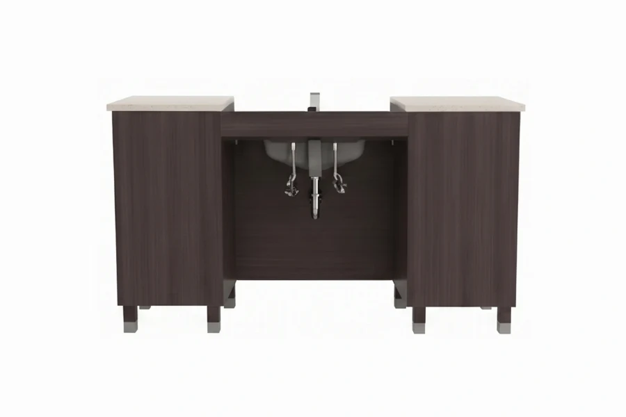 Contemporary extended cabinet vanity with a sturdy, monolithic counter surface and hardware-free cabinet fronts