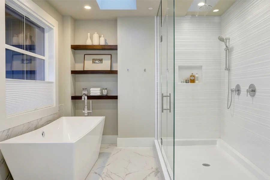 Contemporary dual-wall shower unit with sturdy monolithic panels engineered to provide high-impact moisture protection for intersecting walls