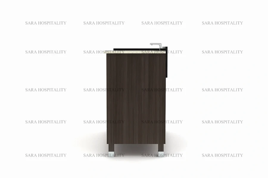 Space-efficient side cabinet vanity unit in a professional hospitality wood finish