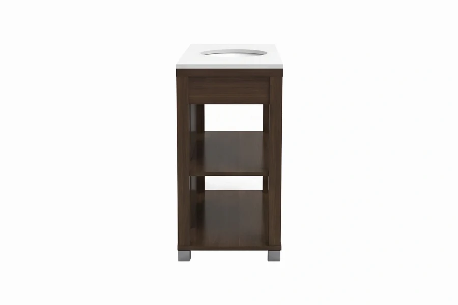 Minimalist architectural vanity station offering an exposed grid-style rack that keeps bathroom layouts feeling open
