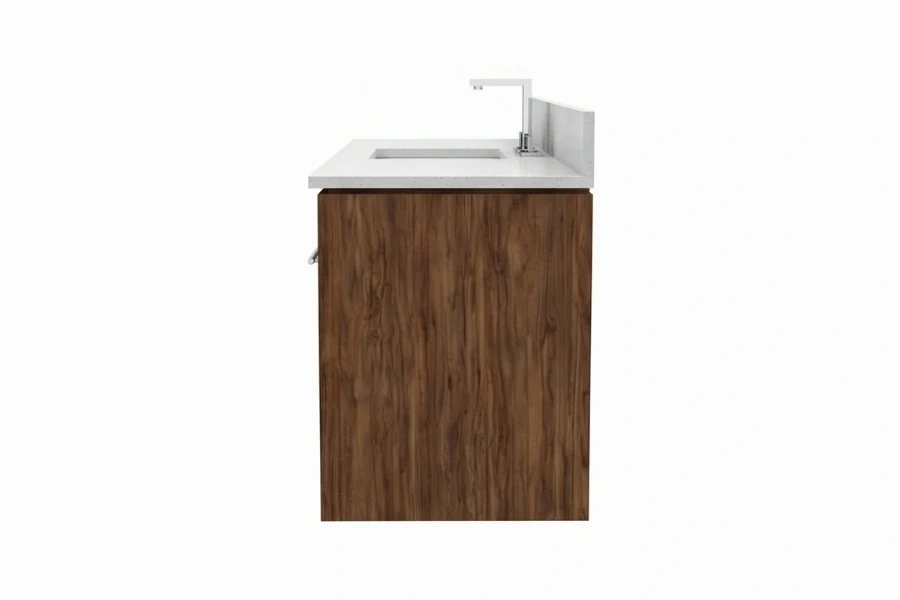 Minimalist geometric vanity station offering a streamlined horizontal configuration that visually widens the space