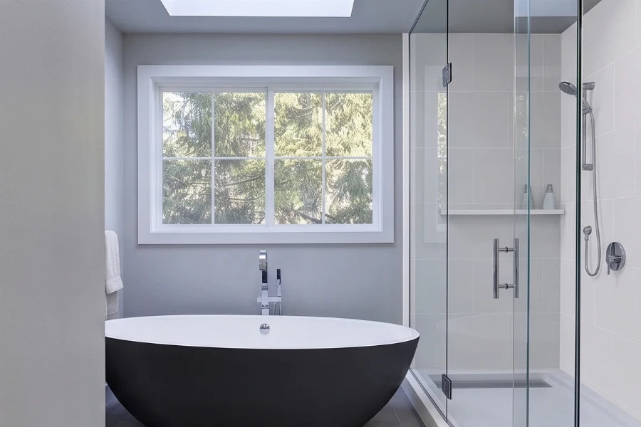 Contemporary multi-sided enclosure with sturdy monolithic panels that protect corner walls around a freestanding tub installation