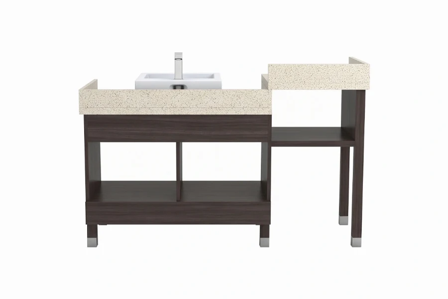 Contemporary double-well vanity unit with an extended monolithic surface for multi-user functionality