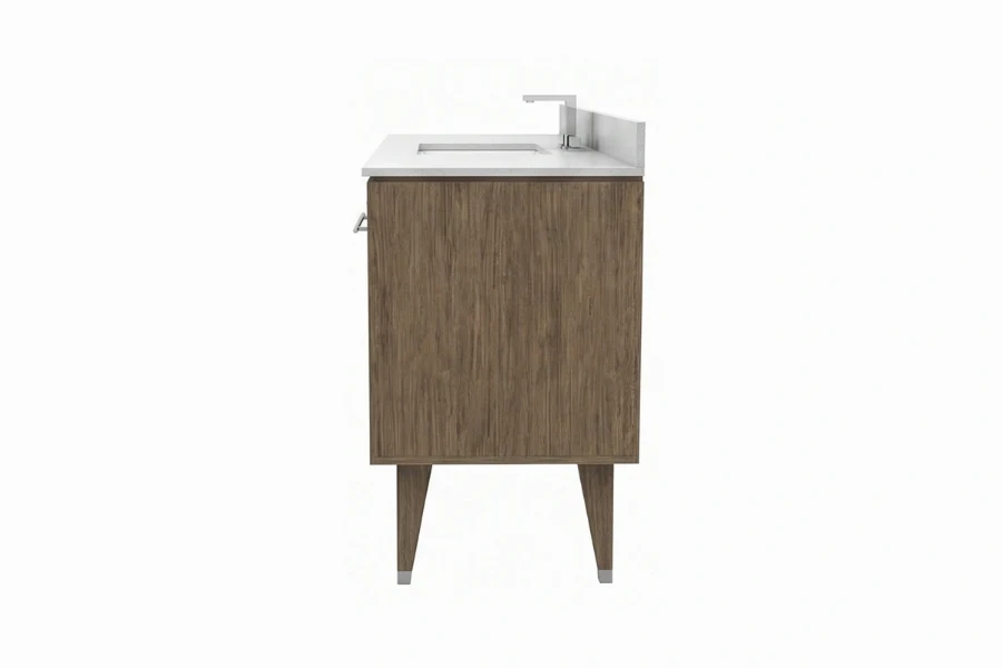 Minimalist textured vanity station offering a smooth upper counter contrasted by a high-end, ridged front surface