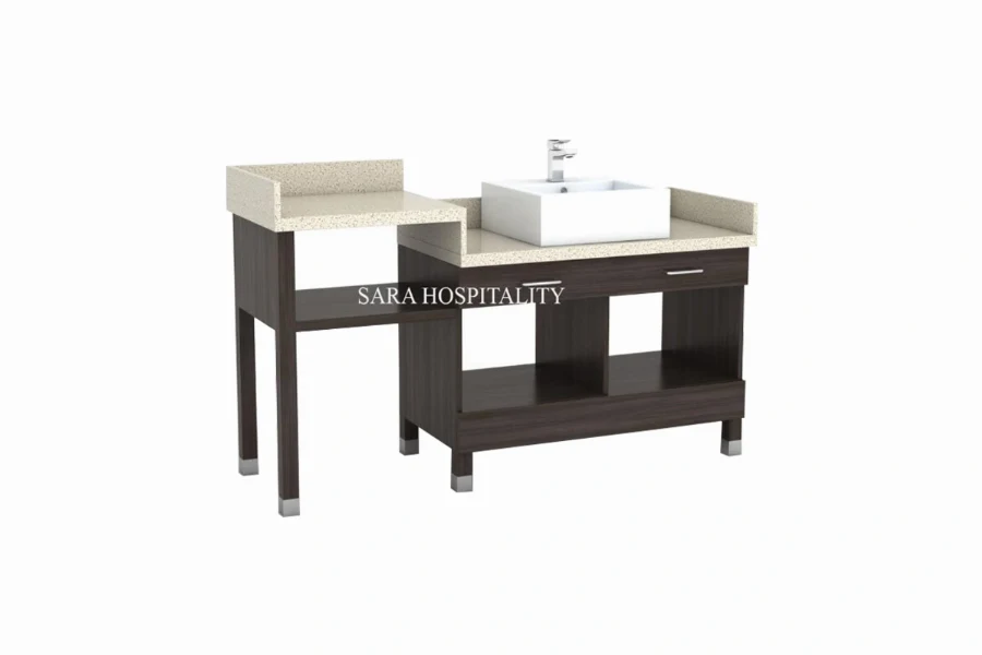 Modern double sink vanity featuring dual integrated solid-surface basins for upscale master baths