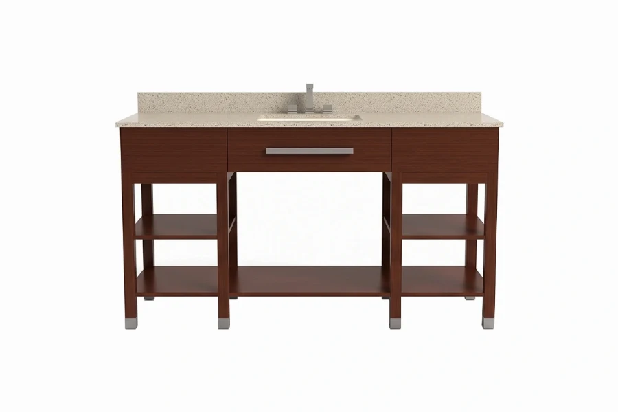 Sleek hotel-style vanity unit showcasing a parallel wooden or metal slatted shelf and a refined, minimalist silhouette for a spa-like aesthetic