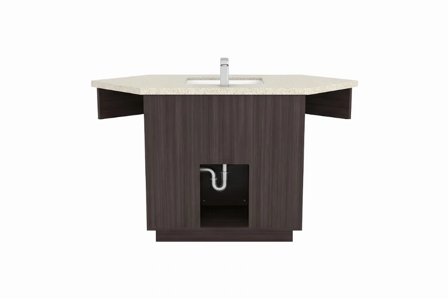 Contemporary small-footprint corner unit with a sturdy solid-surface top and a flush-fitting triangular design tailored for high-traffic powder rooms and hospitality suites