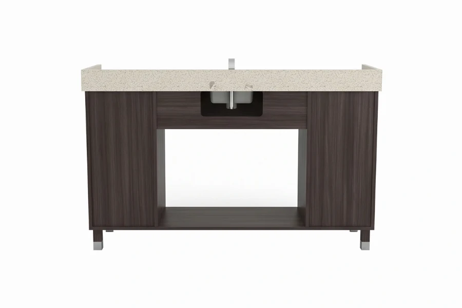 Minimalist geometric vanity station featuring a low-profile counter surface and an uninterrupted visual flow across its premium two-compartment front panel
