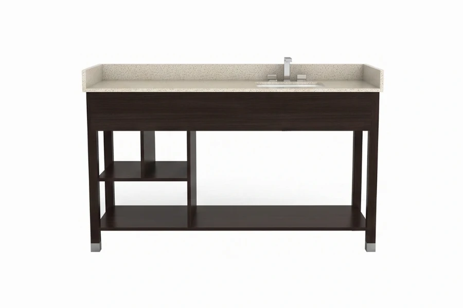 Sleek architectural vanity counter showcasing a minimalist open-leg silhouette and a refined, airy base design that maximizes surrounding bathroom space