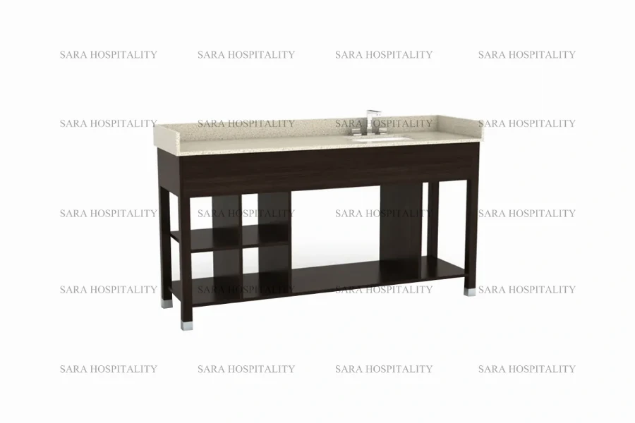 Modern grid frame vanity base with industrial-inspired open shelving for hotel bathrooms