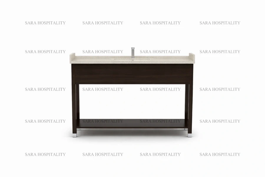 Sturdy symmetrical shelf vanity base for organized and accessible resort bathroom storage