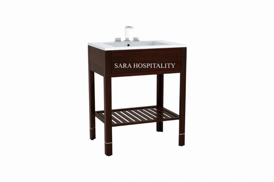 Modern lattice shelf vanity top featuring an integrated solid-surface basin and a clean-lined architectural frame with an open crisscross lower storage tier