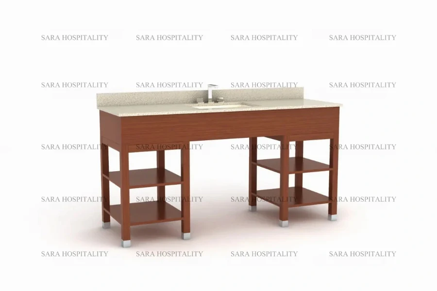 Modern double sink frame vanity base with an open-concept design for hotel guest rooms