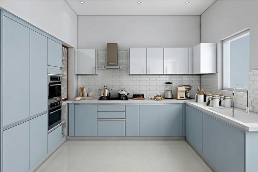 Minimalist dual-wall cabinetry featuring integrated storage systems and a low-profile, geometric frame on both sides of a central walkway