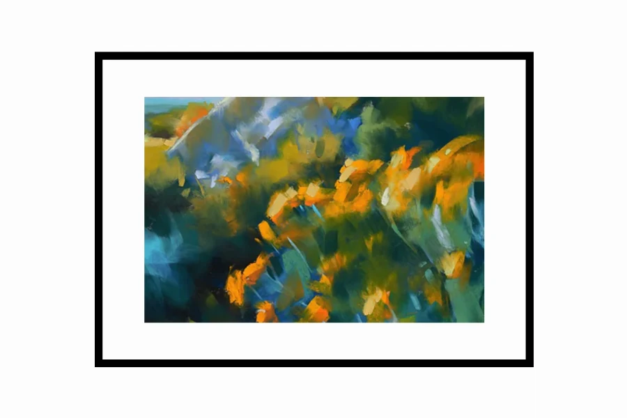 Vibrant abstract painting with expressive, sweeping brushstrokes forming stylized floral shapes