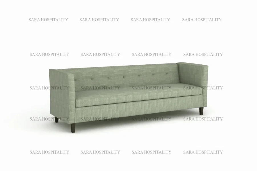 Sophisticated lounge sofa with plush cushioning and symmetrical button accents in a neutral fabric finish