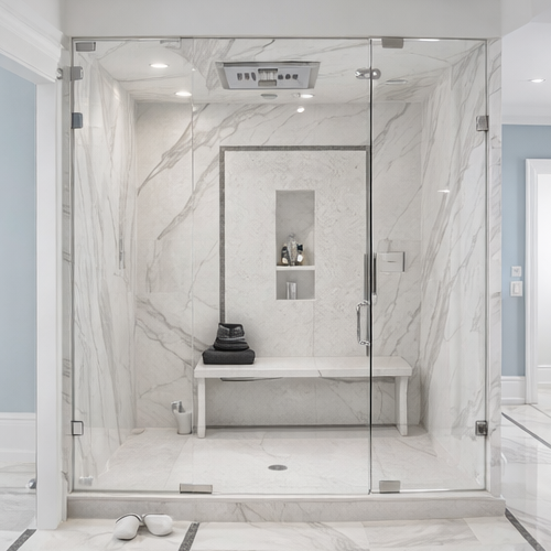 Durable walk-in quartz shower surround for long-lasting use