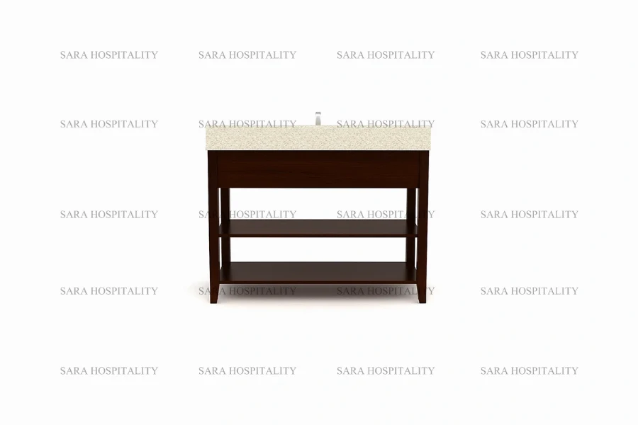Contemporary hospitality-grade slatted shelf vanity base for airy and bright ensuites
