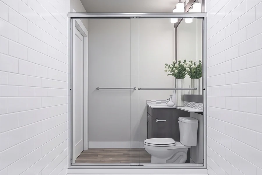 Sleek multi-functional wet zone surround showcasing a unified architectural wall system that merges bathroom storage and showering spaces into a single footprint