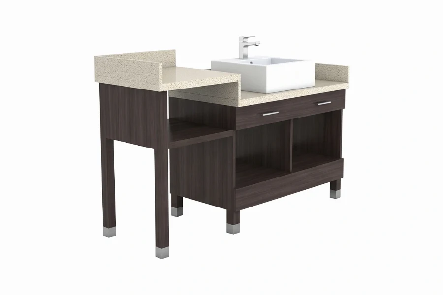 Minimalist twin-basin vanity station with crisp right angles and a streamlined, double-bowl design