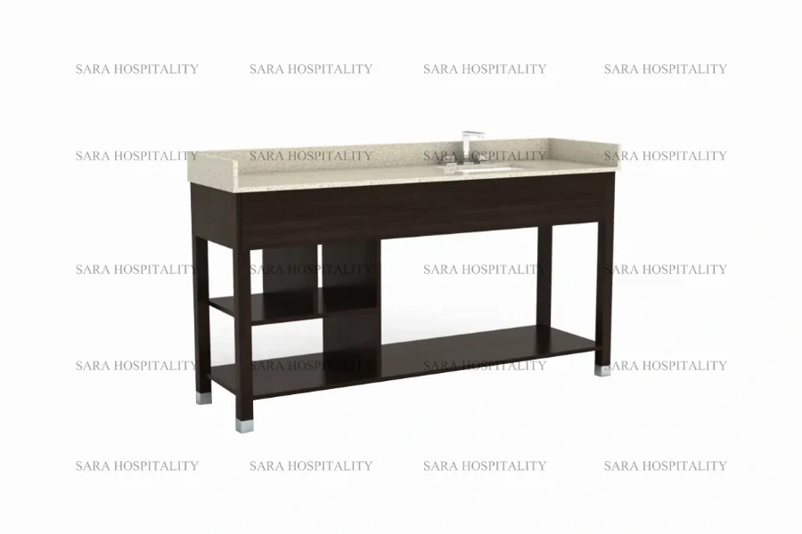 Modern symmetrical shelf vanity base with balanced open storage for hotel guest rooms