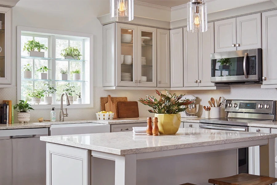 Modern classic kitchen cabinetry featuring elegant recessed-panel doors and a timeless, symmetrical silhouette for a refined culinary space