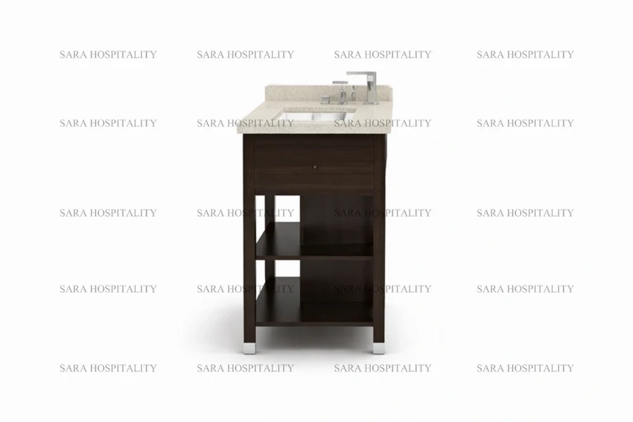 Contemporary symmetrical shelf vanity base designed for luxury boutique hotel ensuites