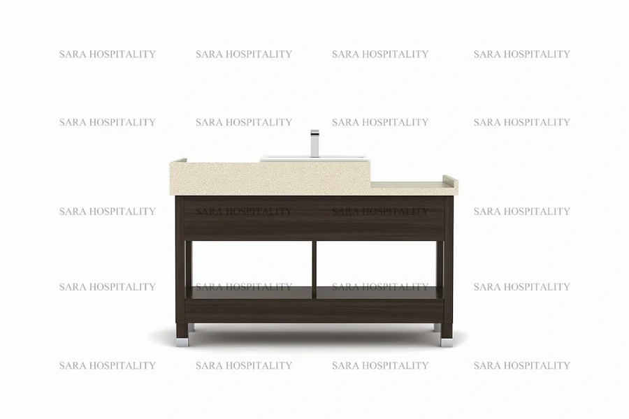 Contemporary dual basin vanity base designed for high-traffic resort guest rooms