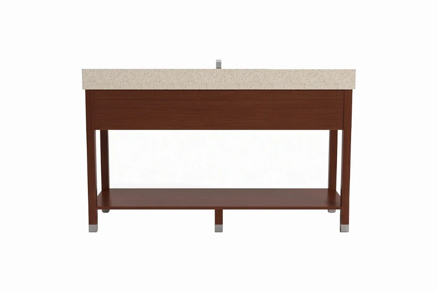 Minimalist geometric vanity station featuring a low-profile counter surface and a uniform, high-quality finish over an open, linear slat structure