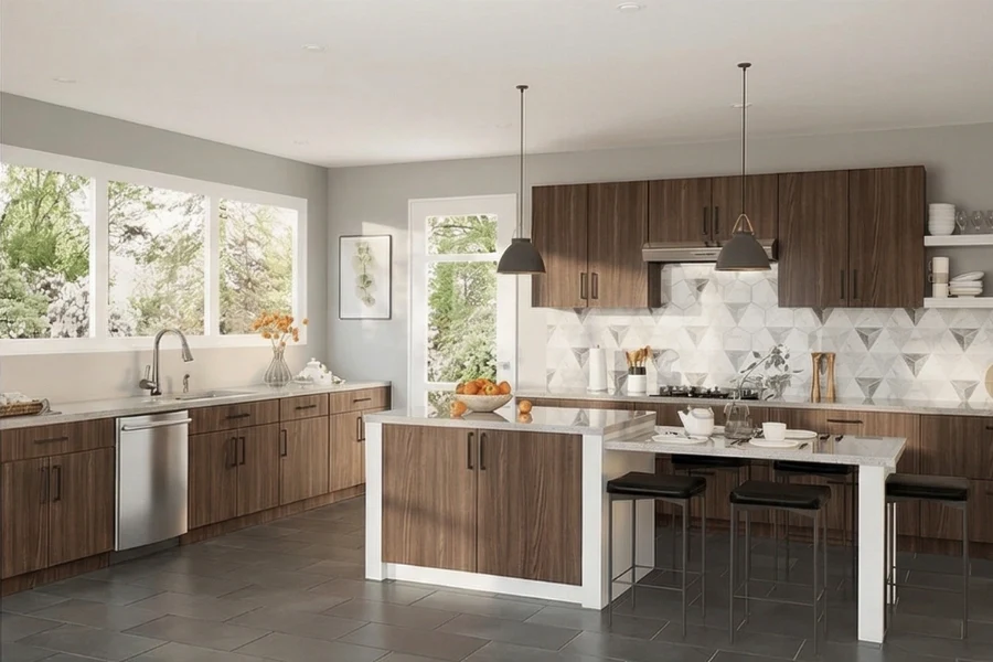 Sleek architectural kitchen island and cabinets showcasing an airy, minimalist layout and a uniform finish that flows into the surrounding interior