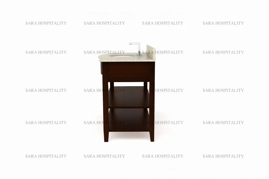 Sturdy slatted shelf vanity base designed for organized storage in luxury resort suites