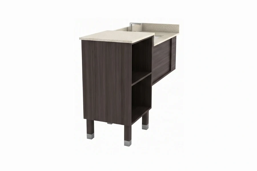 Minimalist powder room vanity station offering a sleek, full-coverage storage cabinet for tight layouts