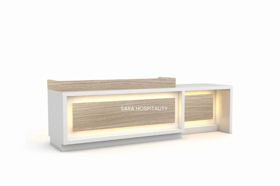 Contemporary open-base front desk with an industrial metal frame and contrast surface panels, offering an open, light-permeable lobby aesthetic