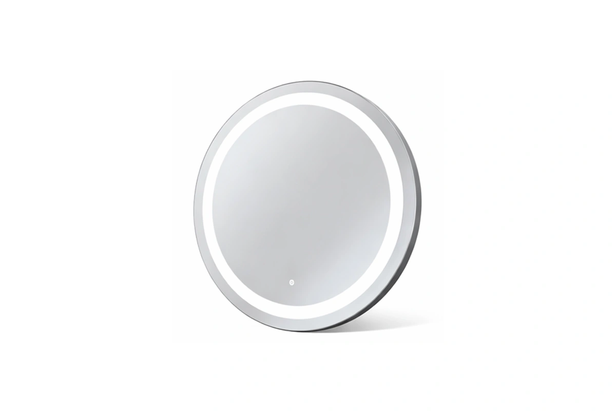 Contemporary round halo-lit mirror designed for sophisticated resort vanity areas
