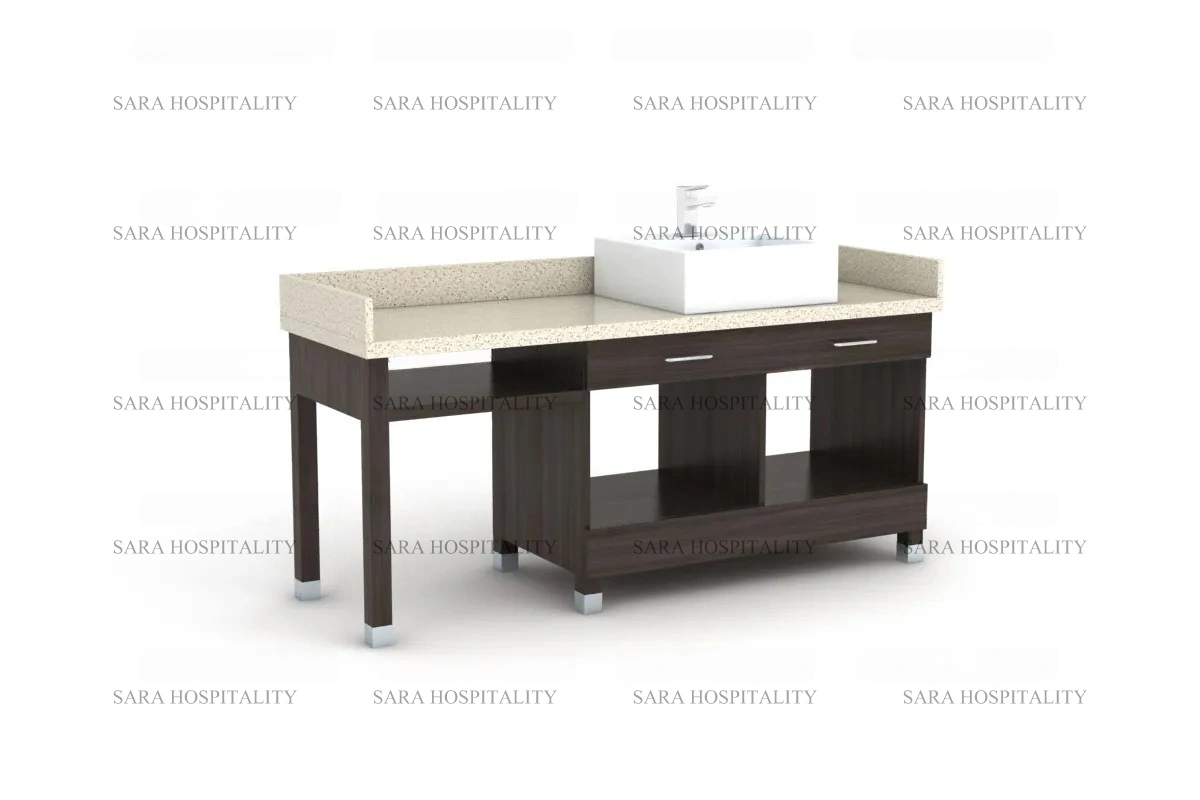 Spacious wide storage vanity base with expansive cabinetry for luxury hotel ensuites