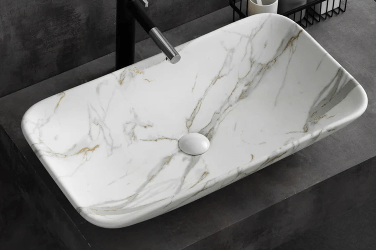Modern rectangular vessel sink featuring a distinctive sloped interior for efficient drainage and a sleek look