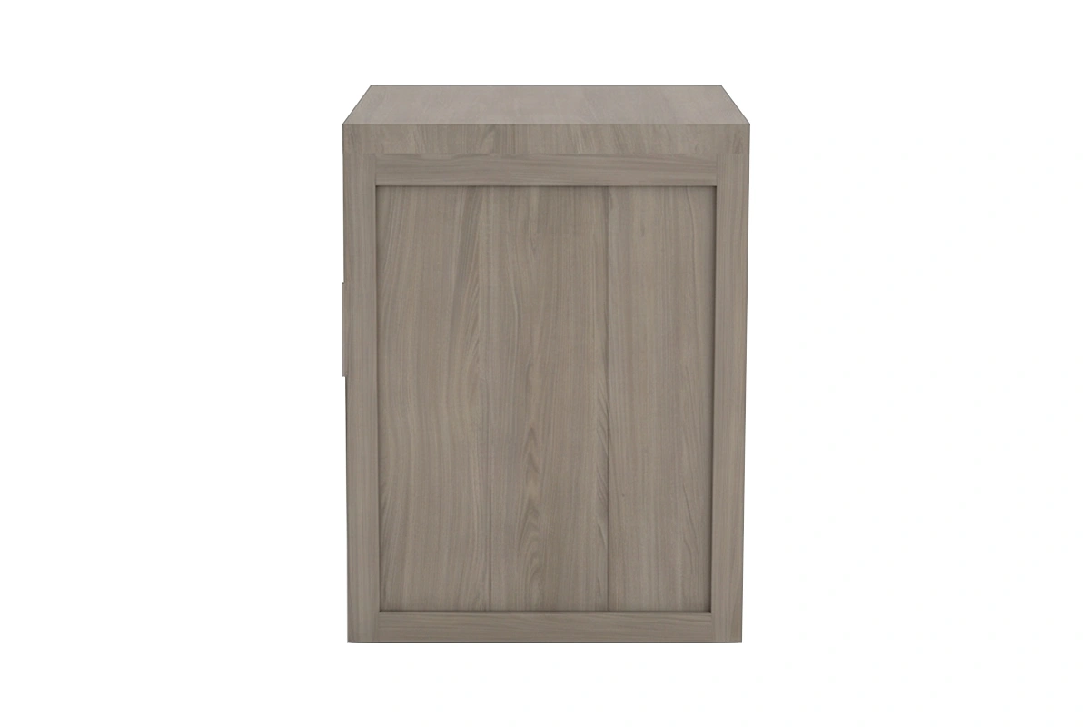 Minimalist Warm-Brown End Table: Low-maintenance wood-laminate finish featuring a smooth left-hand swing door and open lower shelf