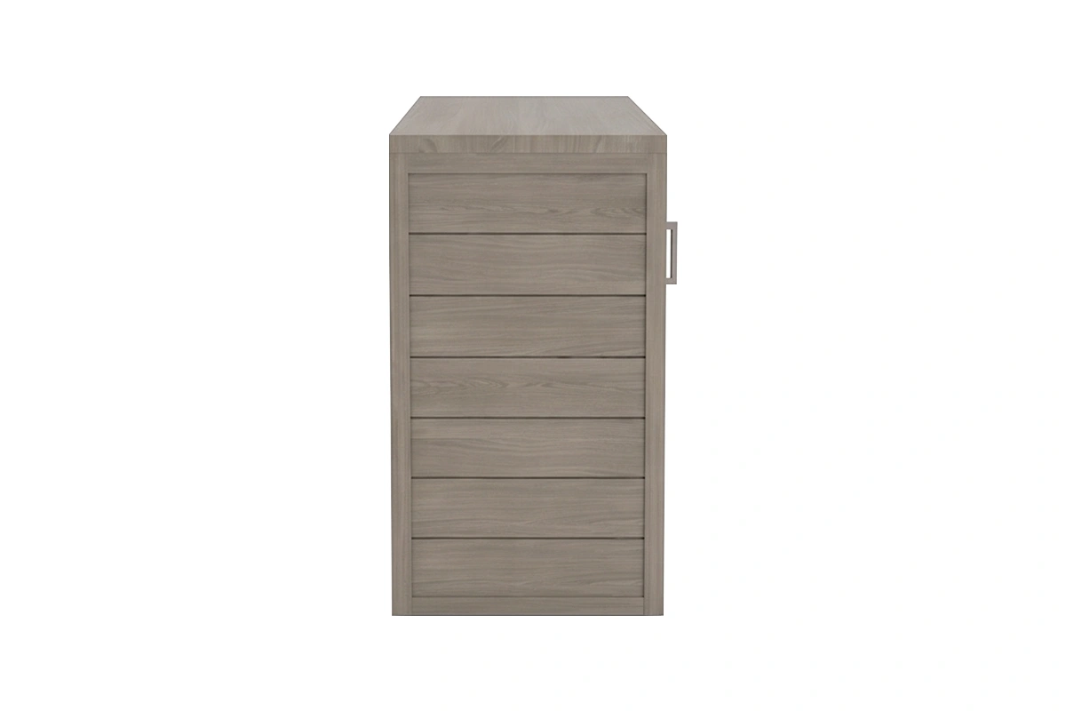 Sleek gray sliding door console with dual slatted doors minimalist metal pulls and integrated wire paths