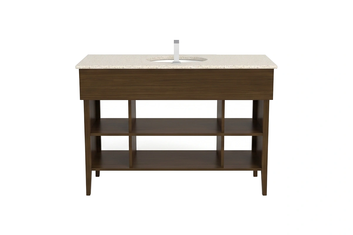 Minimalist geometric vanity station featuring a low-profile counter surface and a uniform, high-quality finish over a layered open framework