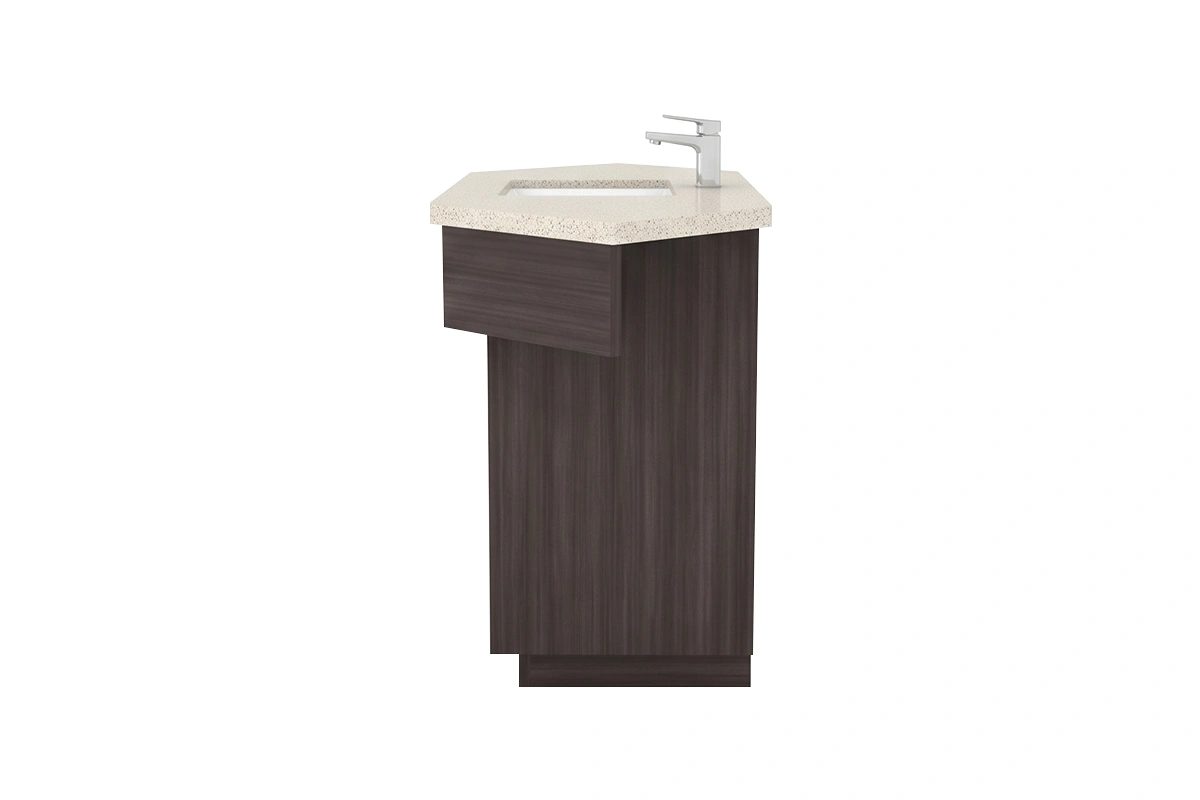 Minimalist angled vanity station featuring a low-profile perimeter frame and an uninterrupted visual flow that turns underutilized corners into a functional focal point